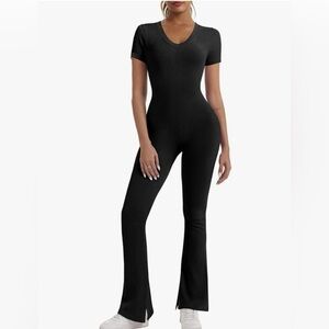 Black Short Sleeve Flare Jumpsuit